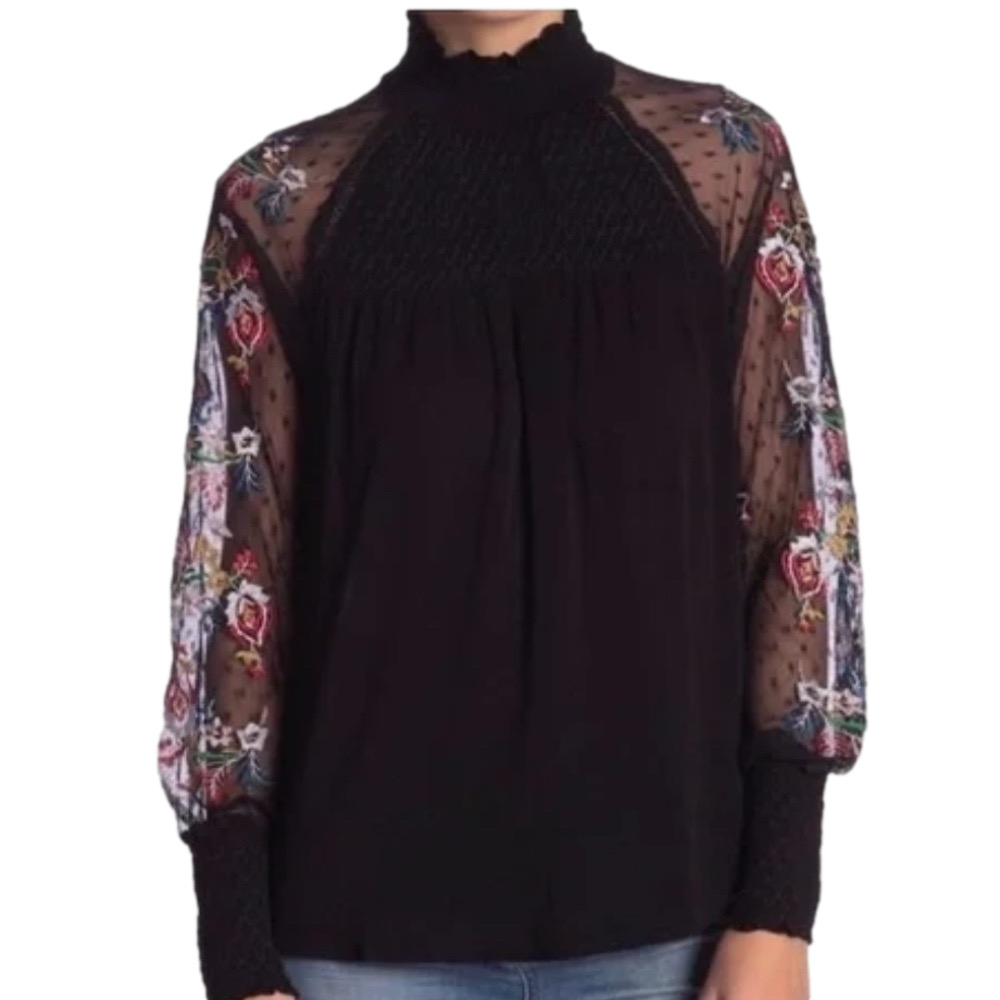 Ban Jara Embroidered Floral Sheer Sleeve High Neck Top Black Women’s Small